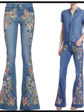 Alice + Olivia Amazing Embellished Jeans Floral Flower Embroidered Swarovski
